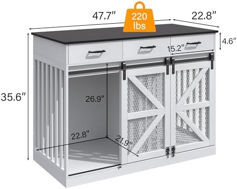 48" Dog Crate Furniture with Storage, Heavy Duty Dog Kennel Indoor with Divider for Small, Medium and Large Dogs, Large Dog Cage with Sliding Barn Door, Decorate House as TV Stand, End Table