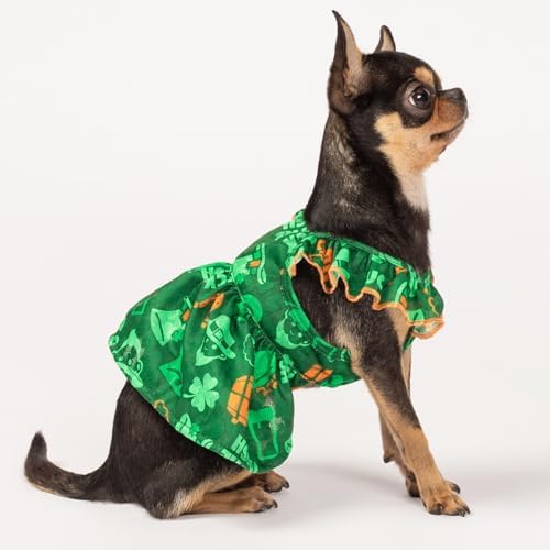 Fitwarm St Patricks Day Ruffle Dog Dress, Lucky Dog Clothes for Small Dogs Girl, Funny Pet Outfit, Green, Orange, Medium