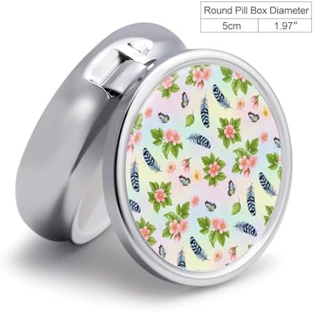 Round Daily Use Pill Box Cherry Branch Pink Blossom Feather Butterflies Floral 3 Compartment, Portable Metal Pill Case for Purse Vitamin Fish Oil