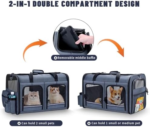 Cat Carrier for 2 Cats,Double Cat and Dual Dog Carrier Cabin for Two Pets | Small to Medium Size, Foldable,2 Front Zippered Compartments, for Outdoor Travel,Mulitple Cat Carrier, Grey