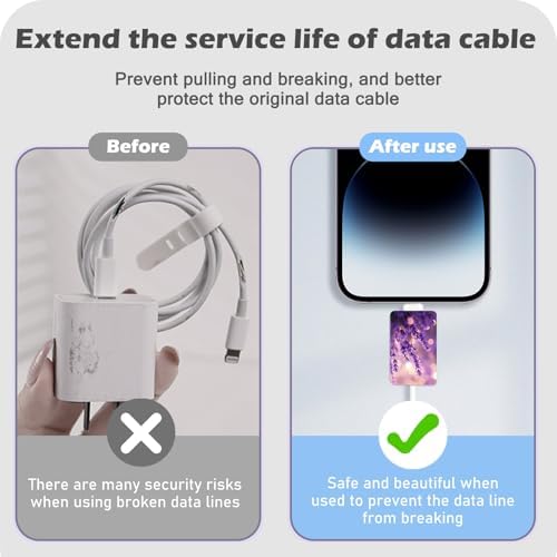 CameCosy Cable Protector for iPhone Type-c Charger, Lavender/White Blue Roses/Cherry Blossoms Pattern 4PCS Phone Charger Protector,Charging Cord Protector,Cable Chomper,Charger Case