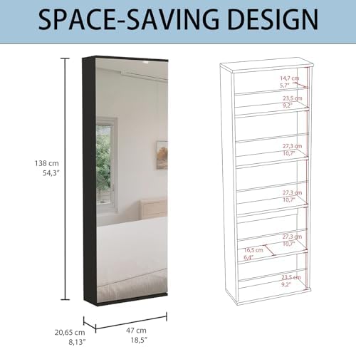 Shoe Cabinet with Mirror Modern Black Mirrored Shoe Storage Cabinet 67" Tall 5-Tier Shelves Narrow Shoe Storage Cabinet for Entryway Space Saving Furniture (Wall-Mounted, Black)