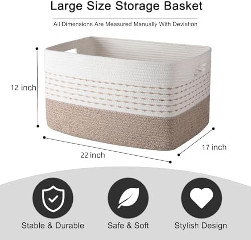 OIAHOM 75L Extra Large Blanket Basket, 22”x17”x15” Rectangle Woven Cotton Rope Baskets for Living Room, Toy Storage with Handle- Gradient Light Brown