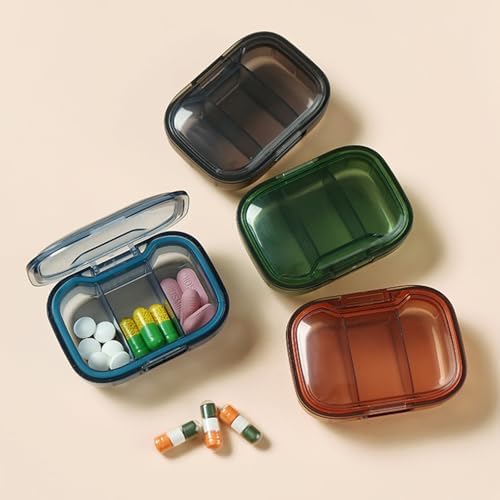 2-Pack 3-Compartment Pill Organizer, Travel Portable Medicine Box with Silicone Seal – BPA-Free Plastic, Daily Pill Case for Vitamins, Elderly, Pets (2.75x1.96x0.98in) (Blue+Green)