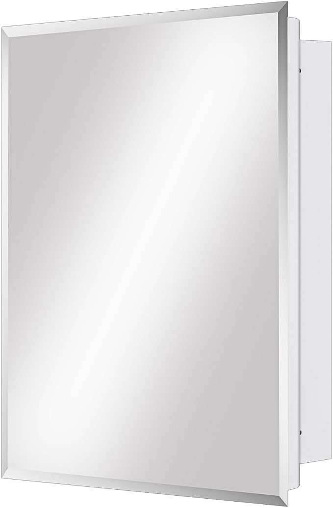 White Metal Medicine Cabinet, 16 x 20 Beveled Mirror, Surface Mount Storage | Beveled Mirror Bathroom Cabinet with Adjustable Staggered Shelves, Piano Hinge, Left/Right Swing & Matte White Powder Coating