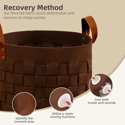 boldmonkey Blanket Basket 15 " x15 x13 2 Pack, Fabric Large Basket with Leather Handle, Dirt Clothes Laundry Basket Round for Babies, Dogs and Living Room-Brown