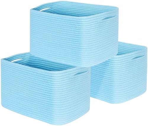 MINTWOOD Design 3-Pack Decorative Woven Storage Baskets for Shelves, Cube Bin Box for Organizing Books, Shoes, Dog Toys, Pantry Closet and Living Room Organizer, Sky Blue