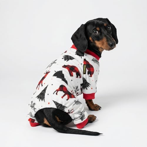 Fitwarm Reindeer Dog Christmas Pajamas, Winter Doggy Clothes for Small Dogs Boy Girl, Fleece Dog Onesie with Feet, Holiday Pet Outfit, Black, White, Red, XL