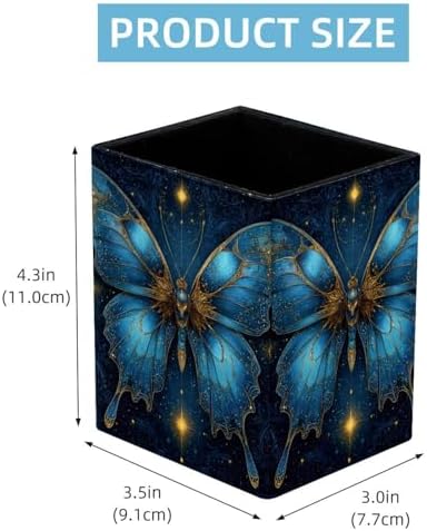 Butterfly and Stars Pen Holder for Desk Decor, Rectangular PVC Leather Pencil Cup for Desk Pen Organizer, Makeup Brush Holder for School, Home, Office