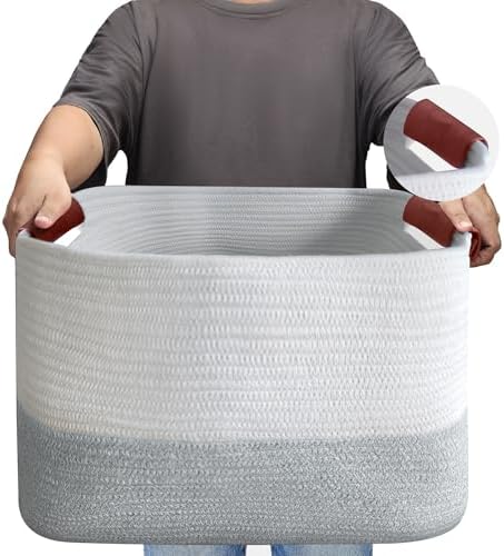 Large Cotton Rope Storage Basket with Leather Handles, Laundry Hamper Basket, 20 "L x 14" W x 12 "H, Durable & Stylish Organizer for Home.(Large Light Gray )