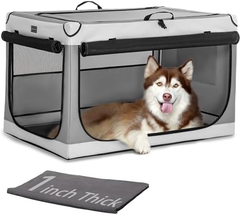 PETSFIT Portable Dog Crate for Large Dogs, – 40" Soft Dog Travel Crates with Lockable Zippers & Thicken Mat, Adjustable Patented Spiral Steel Frame, Collapsible Kennel for Indoor & Outdoor