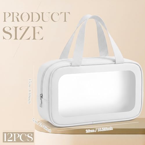 Abbylike 12 Pcs Clear Toiletry Bags with Handle for Women and Men, Matte Translucent Waterproof Cosmetic Bags with Zipper for Travel Toiletries Wash Shower Accessories Bachelorette Bridal Party(White)
