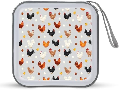 Protective 40-Disc CD/DVD Wallet Chicken Printed, Hard Plastic Storage Binder with Handle, Portable Organizer for Car Office Travel