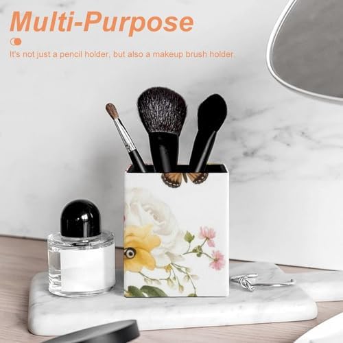 Women's Pen Cup Pencil Holder Makeup Brush Storage Flower Shabby Chic Roses Buds Leaves Tulips Floral Butterfly Leather Desk Organizer
