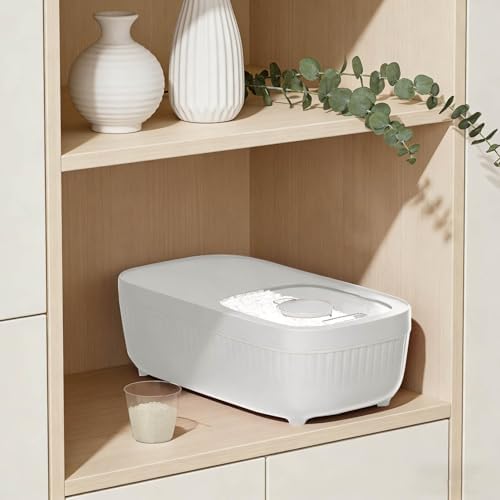 Airtight Rice Storage Container, Dry Food Dispenser with Transparent Sealed Lid for Kitchen Pantry Organization for Storing Rice, Cereal, Flour, Pet Food and Other Dry Ingredients (White, L)