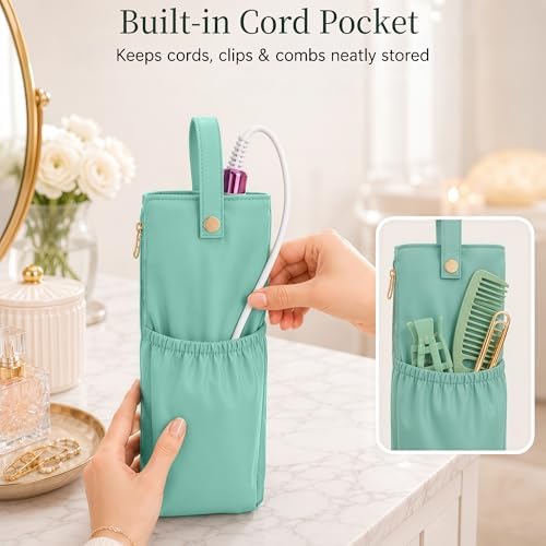 Hot Tools Travel Bag with Heat Resistant Mat, 2-in-1 Hair Tools Organizer Bag for Curling Iron, Flat Iron, Portable Holder & Mat with Cord Pocket for Home Travel(Green)