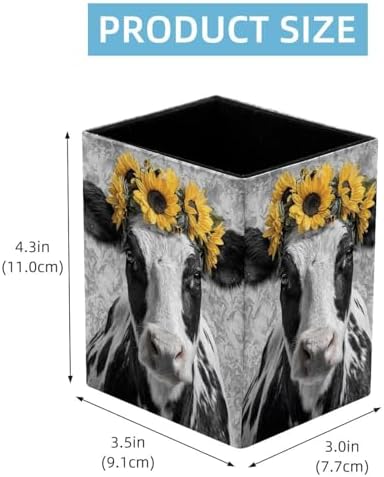Sunflower and Cow Pen Holder for Desk Decor, Rectangular PVC Leather Pencil Cup for Desk Pen Organizer, Makeup Brush Holder for School, Home, Office