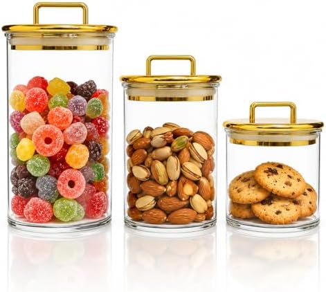 3-Pack Clear Acrylic Apothecary Jars with Gold Lids, Gold Candy Jar for Coffee Bar, Bathroom Vanity Canisters for Q-Tips, Cotton Balls & Small Treats