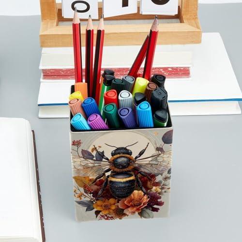 Cute Bee Pen Holder for Desk Decor, Rectangular PVC Leather Pencil Cup for Desk Pen Organizer, Makeup Brush Holder for School, Home, Office
