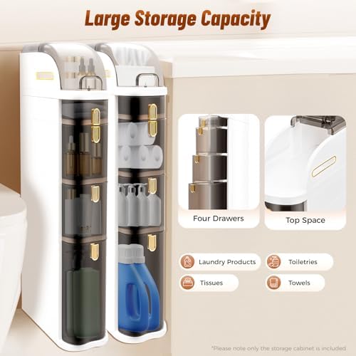 4-Tier Narrow Slim Storage Cart Bathroom Floor Cabinet with 4 Wheels Bathroom Slim Plastic Storage Cabinet with Clear Drawers & Toilet Paper Holder for Small Spaces Kitchen Laundry