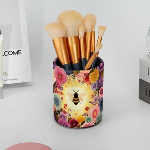 Faux Leather Pen Holder for Desk, Pencil Organizer Bee Pen Cup Desk Decor Makeup Brush Holder Storage for Office Home