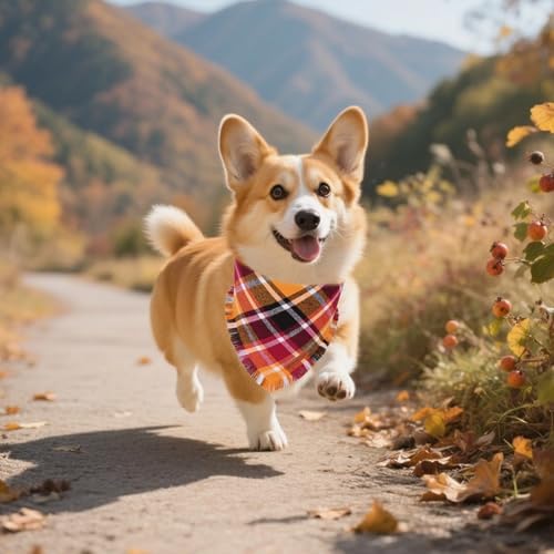 ADOGGYGO Fall Thanksgiving Dog Bandana, Autumn Plaid Dog Scarf, Small