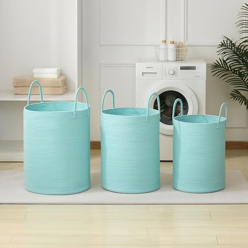 Laundry Basket Hamper Tall Rope Storage Woven for Blanket toys Dirty Clothes in Living Room Bathroom Bedroom (Cyan, 60L/15.8Gal)