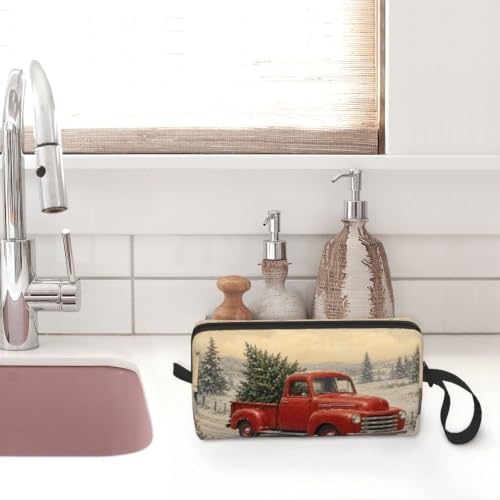 Vintage Red Truck in Snow Makeup Bag for Women, Cosmetic Pouch | Double-Sided Vintage Red Truck Cosmetic Organizer with Foam Padding for Women, Travel, Gym, School, and Daily Storage