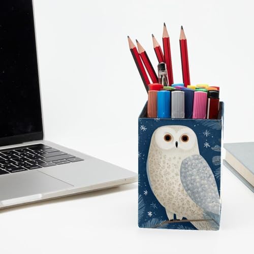 Owl Pen Holder for Desk Decor, Rectangular PVC Leather Pencil Cup for Desk Pen Organizer, Makeup Brush Holder for School, Home, Office