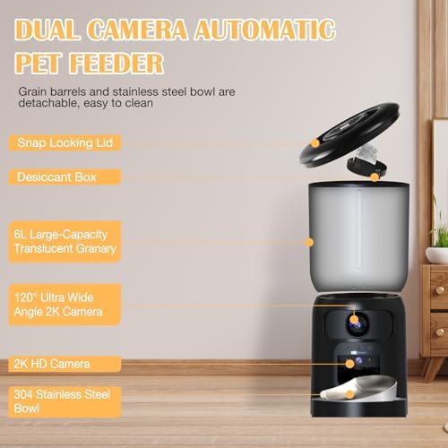 Automatic Cat Feeder with 2K Dual HD Cameras, 2.4/5G WiFi 6L Feeder, Pet Feeder Automatic for Cats & Dogs, Cat Food Dispenser with Cameras, Laser Interactive Toy & Night Vision(Black-Dual Cameras)