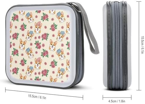 Portable 40-Capacity DVD Storage Binder Floral Flowers Cute Corgi, Hard Case CD Holder with Zipper, Organizer for Music Movies Game Discs