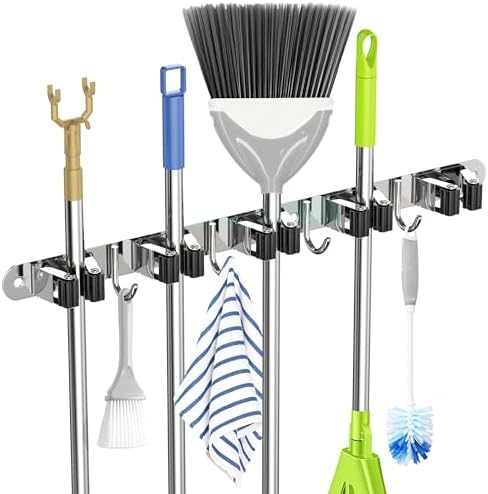Broom Holder Wall Mounted With 5 Holders And 4 Hooks With Nails Installation Utility Room Storage Stainless Steel Broom Storage Organiser for Garage Kitchen Laundry Bathroom