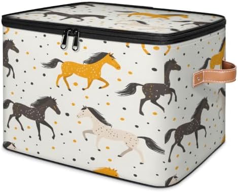 Horses Theme Storage Box with Zipper Lid | Collapsible, Fabric, Storage Bin, Handle, Large, Closet Organizer, Containers, Bedroom, Home, Horses