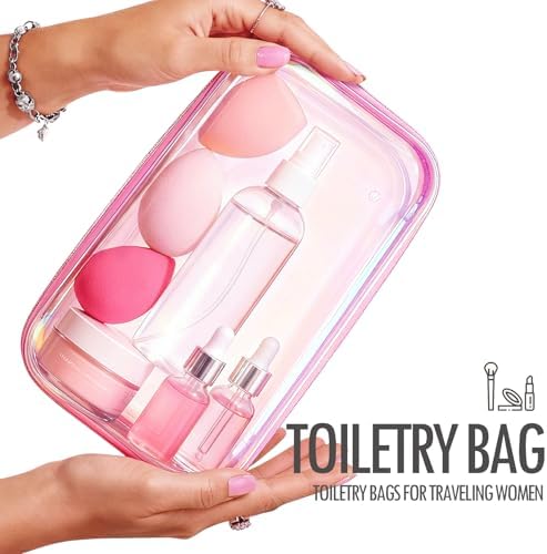 Clear Hard Shell Zipper Cases, 2 Pack, Iridescent | Water-resistant, crush-resistant PET shell protects toiletries, cosmetics, electronics, toys & baby items for travel and home