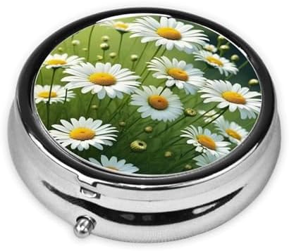 ZhongGuo Floral Flowers Daisies Printed Pill Organizer,Round Travel Pill Organizer Mini Medicine Pill Box for Purse Iron Plating