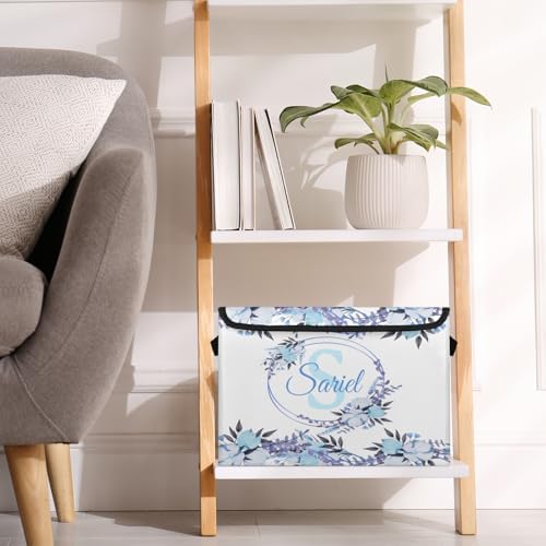 Blue Flower Storage Bin with Lid Personalized Storage Baskets for Organizing Foldable Closet Organizers with Handles,Cute Basket for Boys Girls for Clothes Blanket Pet Dog Toy Basket Storage (2 Pack)