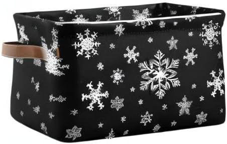 Winter Snowflake Black Storage Basket Fabric Kitchen Baskets Christmas Holiday Open Home Storage Bins Boxes Foldable Organizer Bag for Baby Cloth Xmas Baskets 16×12×8 Inches 2 Pack