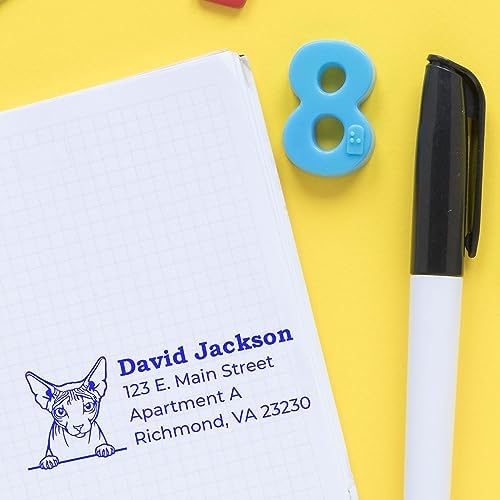 Peeking Don Sphynx Cat Self-Inking Address Stamp - Personalized Stamp | Don Sphynx Cat Return Address Stamp Custom. Rectangular Address Stamp for Animal Lovers. 4 case colors. Laser-cut.