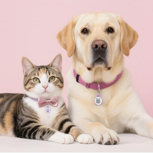 QR Code Tag, Modifiable Online Profile Page, Multiple Emergency Contact, Silent Silicone, Lightweight, No Jinging, Collar Accessories, Personalized Cat Tag (Small Breeds - 1", Purple)