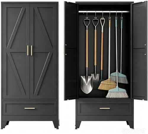 71" H Broom Closet Storage Cabinet,Laundry Storage Cabinet,Metal Garage Storage Cabinet,Black Storage Cabinets,Utility Cabinet