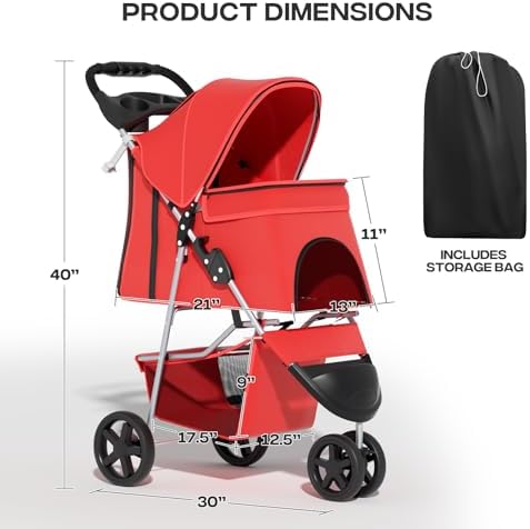 Foldable 3-Wheel Pet Stroller for Small/Medium Dogs & Cats, Red | Storage Basket & Cup Holder, Breathable Mesh Cover, Lightweight and Durable, for Small to Medium Pets, up to 33 lbs
