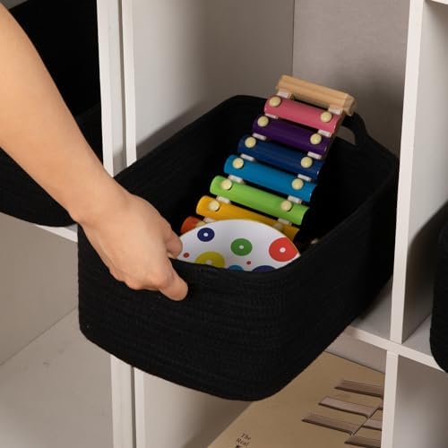 OIAHOMY 3 Pack Storage Baskets for Shelves Cotton Rope Storage Bins Black | Woven Baskets for Storage Nursery Storage Basket with Handles Baskets for Organizing Small Baskets Gift Baskets Empty