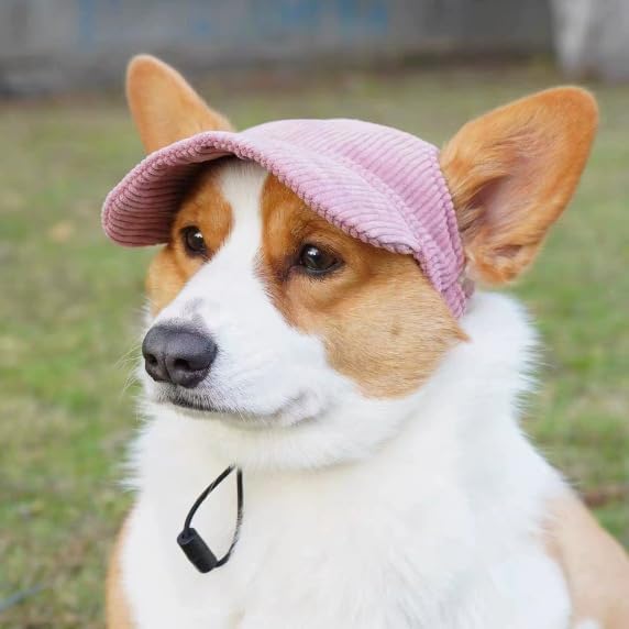 Corduroy Dog Baseball Cap, Breathable Sun Visor Hat with Ear Openings and Adjustable Chin Strap, Solid Color Outdoor Pet Hat for Small Medium Large Dogs