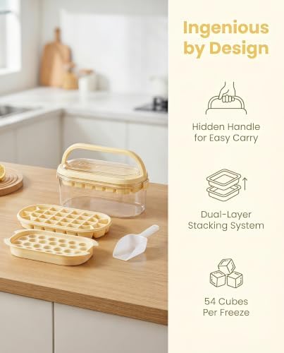 Ice Cube Tray with Bin & Lid, 54-Cell Dual Shape Molds, Yellow | 54-cavity silicone pop out, food-grade PET, clear storage box, collapsible handle, for freezer, party picnic cold drink