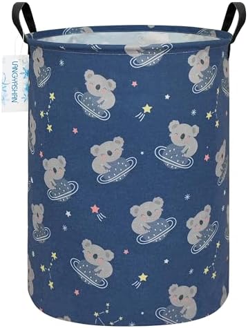 Round Laundry Basket Collapsible Storage Hamper Organizer Space Koala | Waterproof Canvas Foldable Baskets with sturdy Handles Multi-scene Organizer for Home Play Bedroom Gift Bin