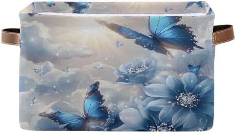 Foldable Storage Baskets Bins for Shelves Blue Butterfly Floral Storage Box Decorative Closet Organizers Baskets with Handles