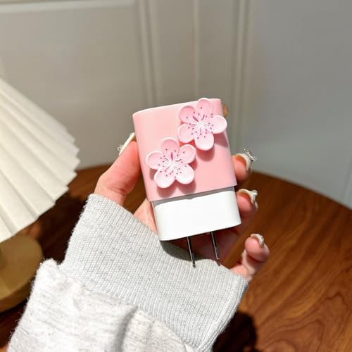 Cute Flowers Cable Protector for iPhone Charger Cover,3D Floral Cherry Buds Blossoms Charger Cord Protector for Women Girl,DIY Phone Cord Protector Charger Accessories for iPhone 14 15 16 Plus Pro Max