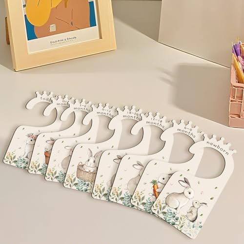 Baby Clothes Dividers for Closet - Set of 8 Wooden Baby Size Closet Dividers Newborn to 24 Months, Rabbits Babies Clothes Organizer for Boys Girl Nursery Decor Gender-Neutral Newborn Hangers Dividers