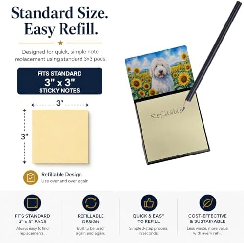 Caroline's Treasures Komondor in Sunflowers Watercolor Sticky Note Holder Refillable Dispenser Desk Accessory 3x3 Pad Gift