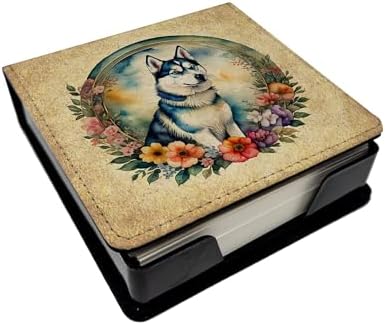 Caroline's Treasures Siberian Husky and Flowers PU Leather Note Paper Holder with Artist-Designed Cover, Desk Accessory, Office Gift